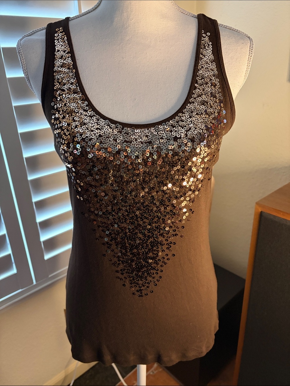 🤎💎Apt9 Dark Brown Stretchy Knit Tank Top With Gold & Silver Sequins Size XL